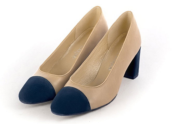 Navy blue and tan beige women's dress pumps, with a round neckline. Round toe. Medium block heels. Front view - Florence KOOIJMAN